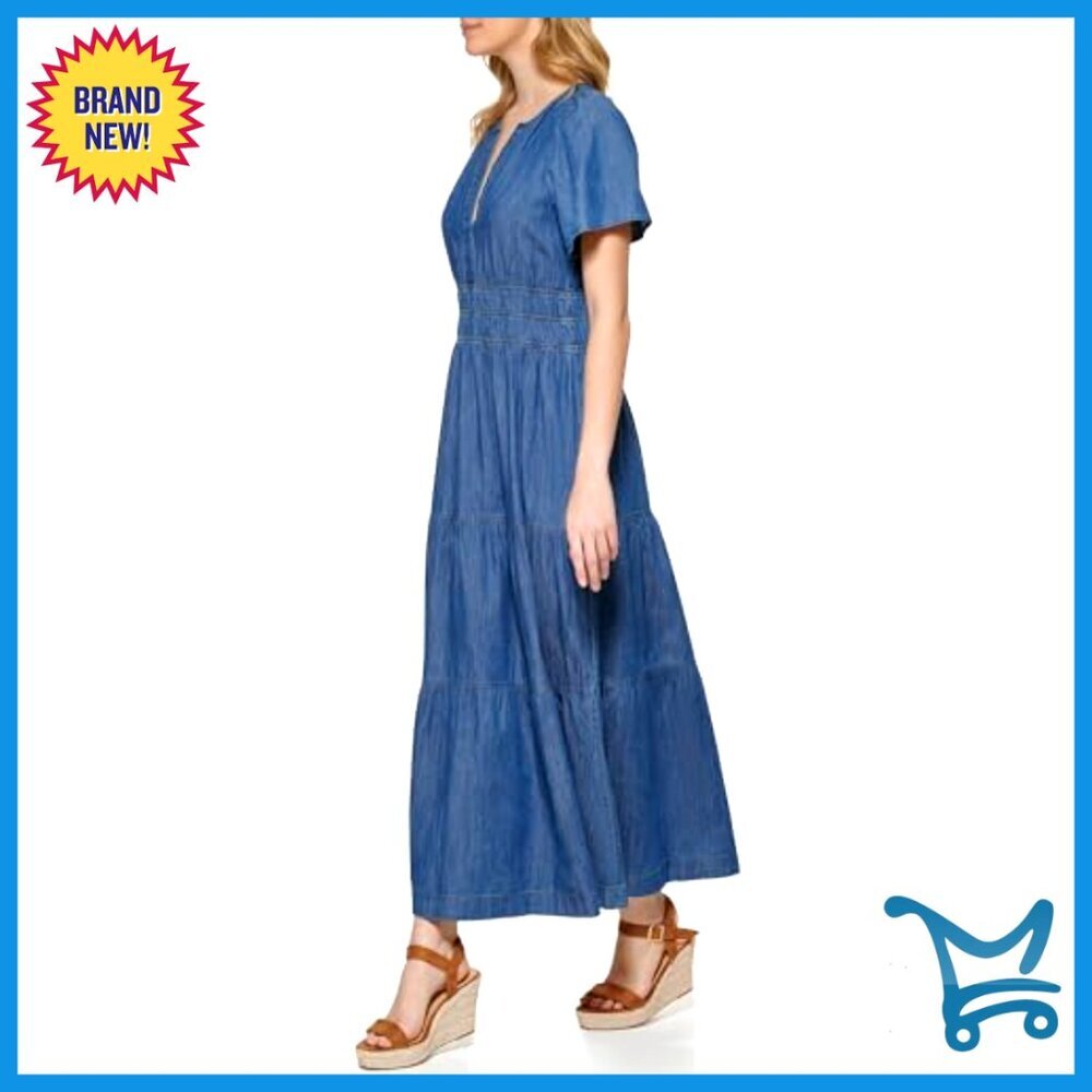 Short Sleeve V-Neck Tiered Midi Dress Chambray Fabric - Picture 2 of 4